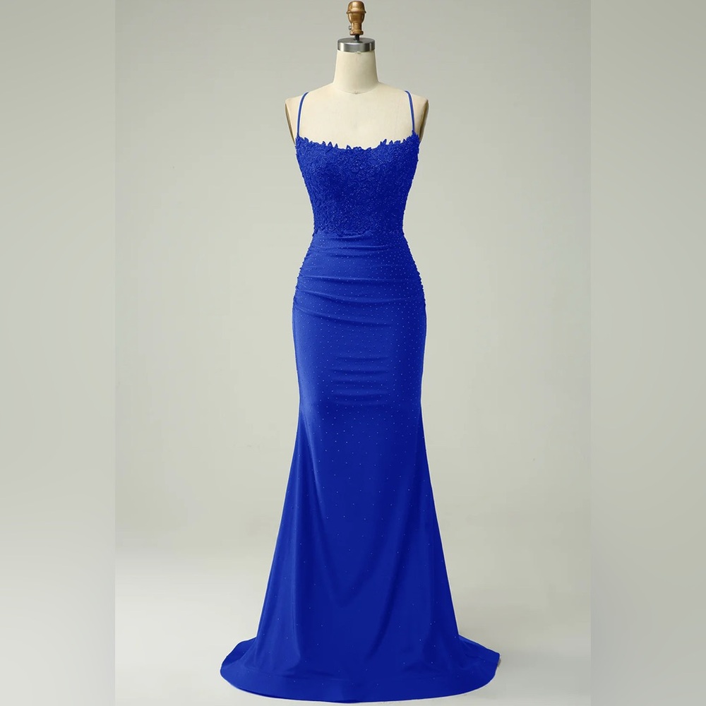 Mermaid Halter Royal Blue Long Prom Dress with Appliques Beading